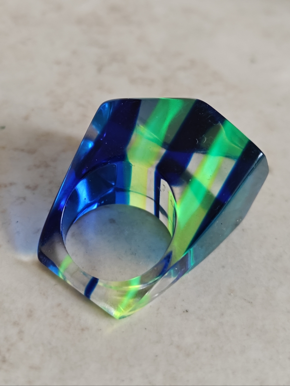 Vintage MOD Lucite Sculptured Clear, Blue & Green Stripes Statement Ring
